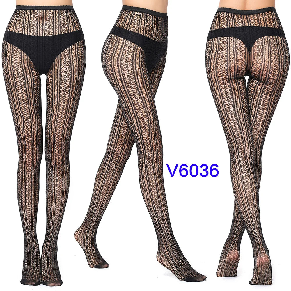 Women Sexy Fishnet Tights Jacquard Weave Seamless Pantyhose Yarns Garter Grid Fish Net Stockings Black Spider Gothic Lace Tights V6036 One Size