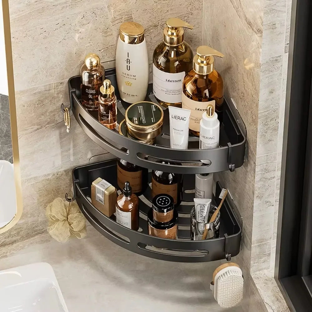 Black Adhesive Corner Shower Caddy with Drainage and Hooks