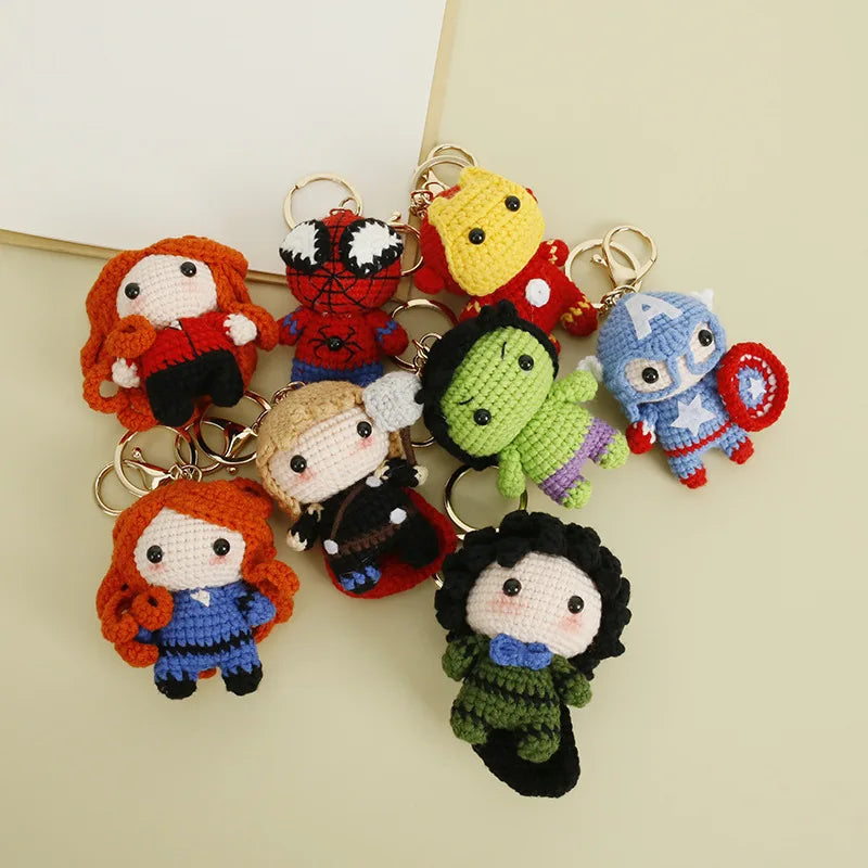 Crochet Knitted Super Hero Spider-Man Superman Captain America Keychains Small Pendant Hangings Christmas Birthday Gifts