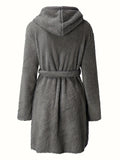 1 piece of women's solid color hooded robe with belt, cozy and warm fleece pajamas for home wear in autumn and winter.