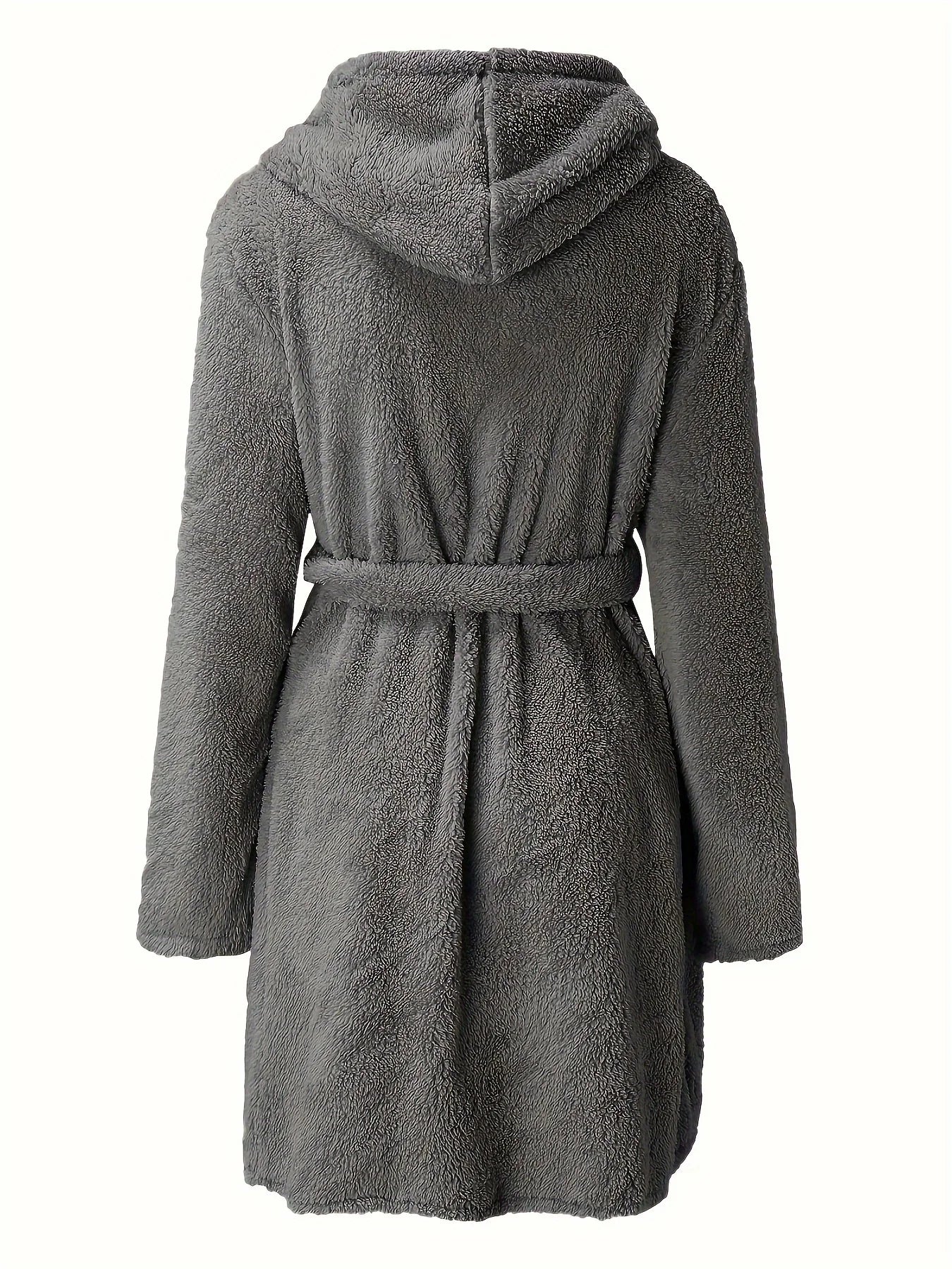 1 piece of women's solid color hooded robe with belt, cozy and warm fleece pajamas for home wear in autumn and winter.