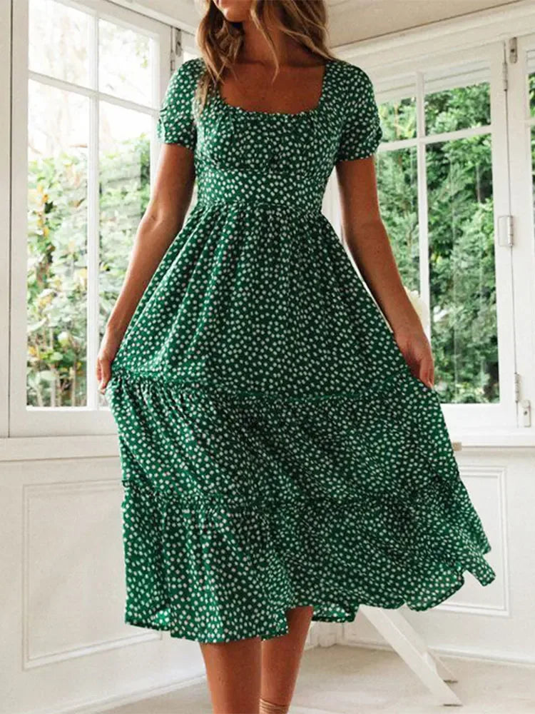 Floral Maxi Dress Women – Puff Sleeve Square Neck Summer