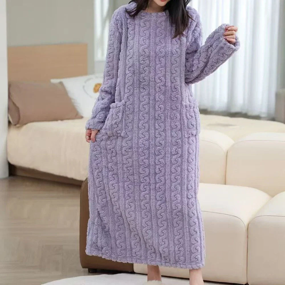 Women's Long Nightgown Solid Color Fashionable Casual Coral Fleece Warm Mid Length Nightgown Winter Warm Home Clothing Purple L