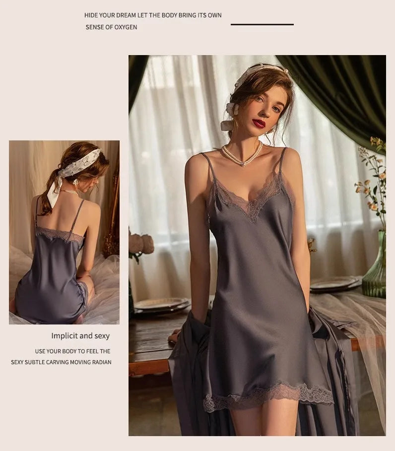 2025 Women's Lace Chemise Nightdress with Chest Pads, Ice Silk Suspender Nightgown for Autumn Winter