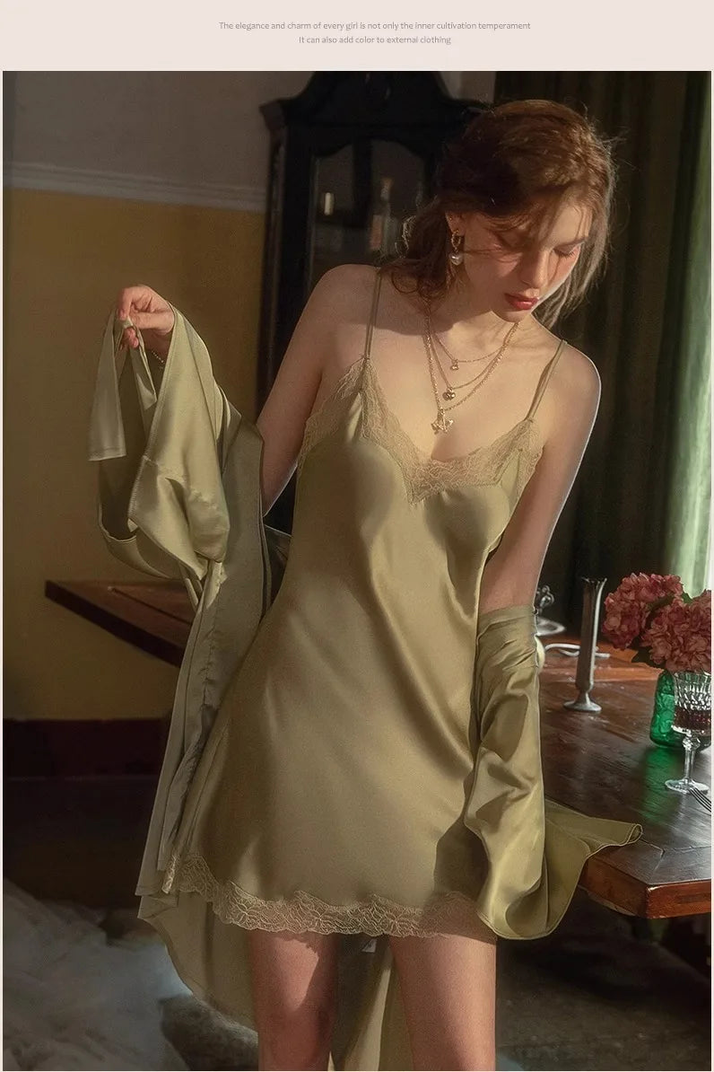 2025 Women's Lace Chemise Nightdress with Chest Pads, Ice Silk Suspender Nightgown for Autumn Winter