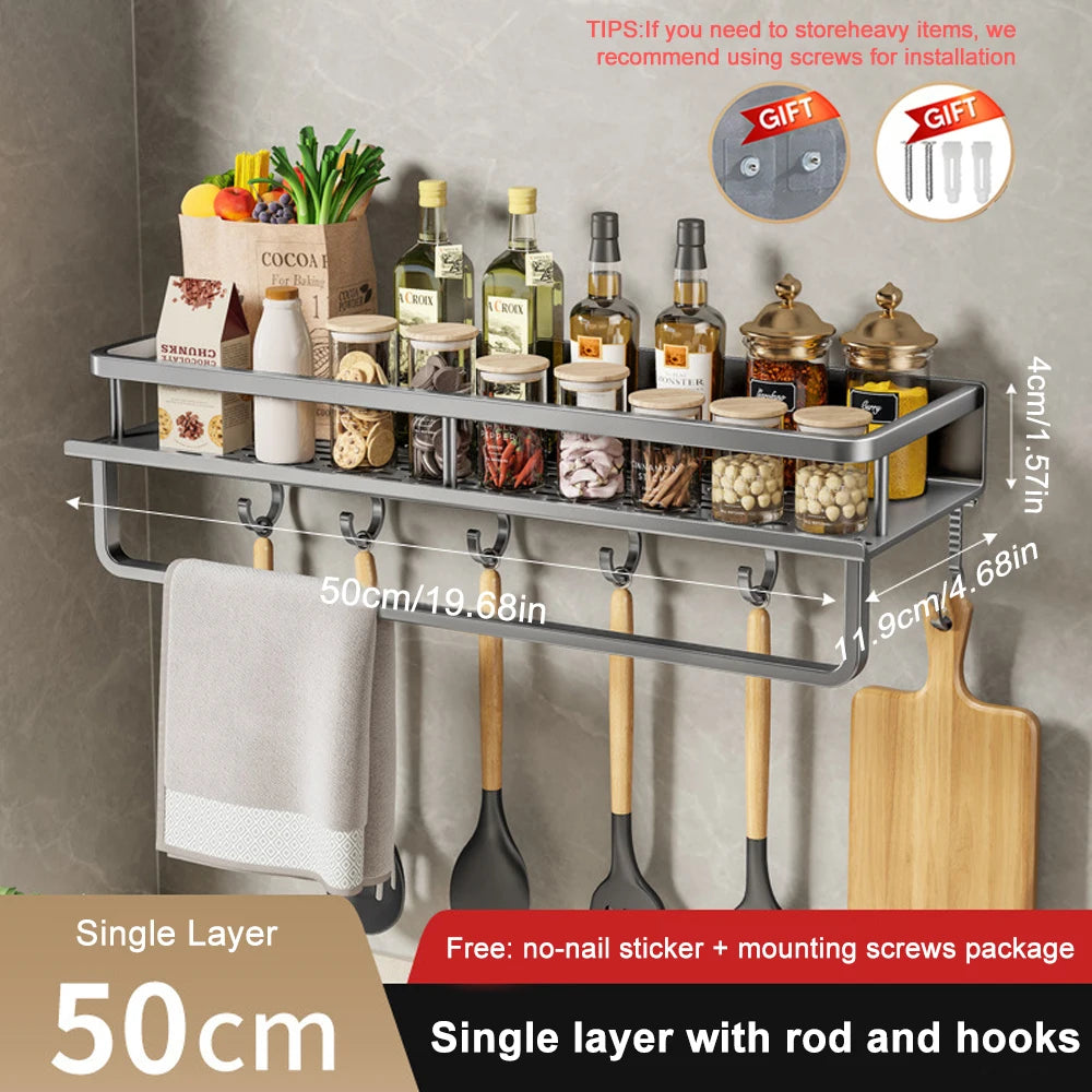 Wall-Mounted Kitchen Spice Rack Organizer Carbon Steel No Drilling 12-20 Inch Seasoning Holder Shelf for Easy Access to Spices 50cm with rod