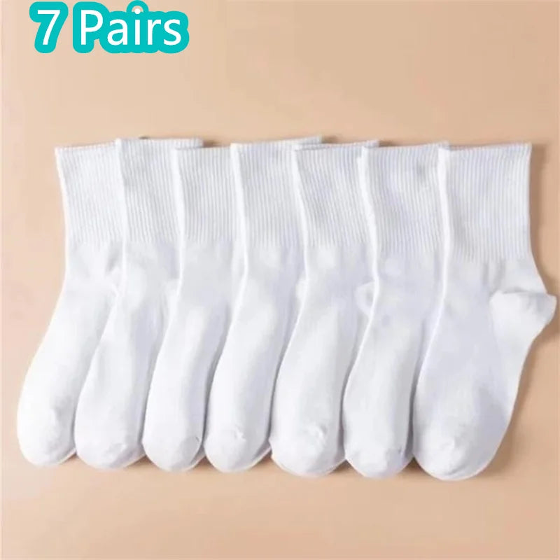 1/7/10/20 Pairs Mid Length Socks Women Classic Black White Solid Color Fashionable Casual Sports Absorbing Breathable Men Socks 7 Pair-1