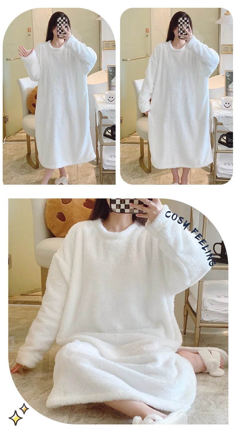 Warm Fleece Nightgown Women's Loose Comfortable Home Clothes plus Size Solid Color Simple Design Sleepwear Casual Outerwear