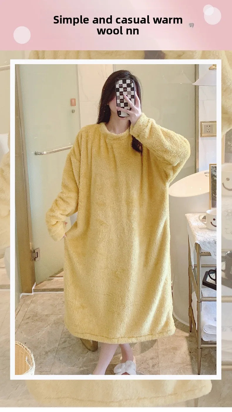 Warm Fleece Nightgown Women's Loose Comfortable Home Clothes plus Size Solid Color Simple Design Sleepwear Casual Outerwear