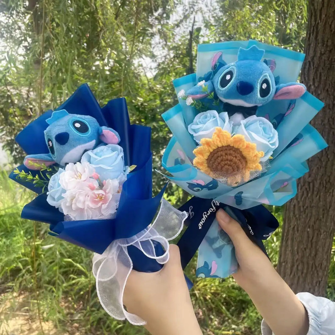 Catoon Stich Plush Doll Toy With Flowers Creative Handmade Bouquet Valentine Christmas Graduation Gift For Kids 5-28cm-2pcs
