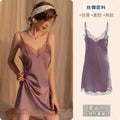 2025 Women's Lace Chemise Nightdress with Chest Pads, Ice Silk Suspender Nightgown for Autumn Winter Fog Purple 1