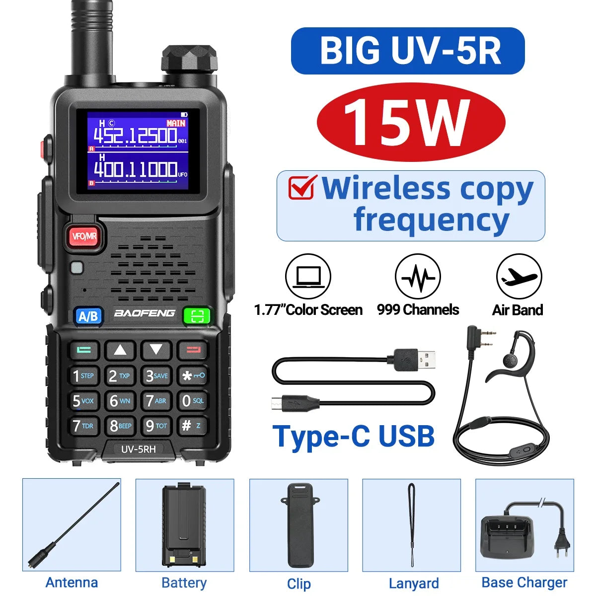 Baofeng UV-5RH 10W Walkie Talkie Long Range Ham Radio Type-C Charging Air Band Two-Way Wireless Transceiver - Dicrodelights