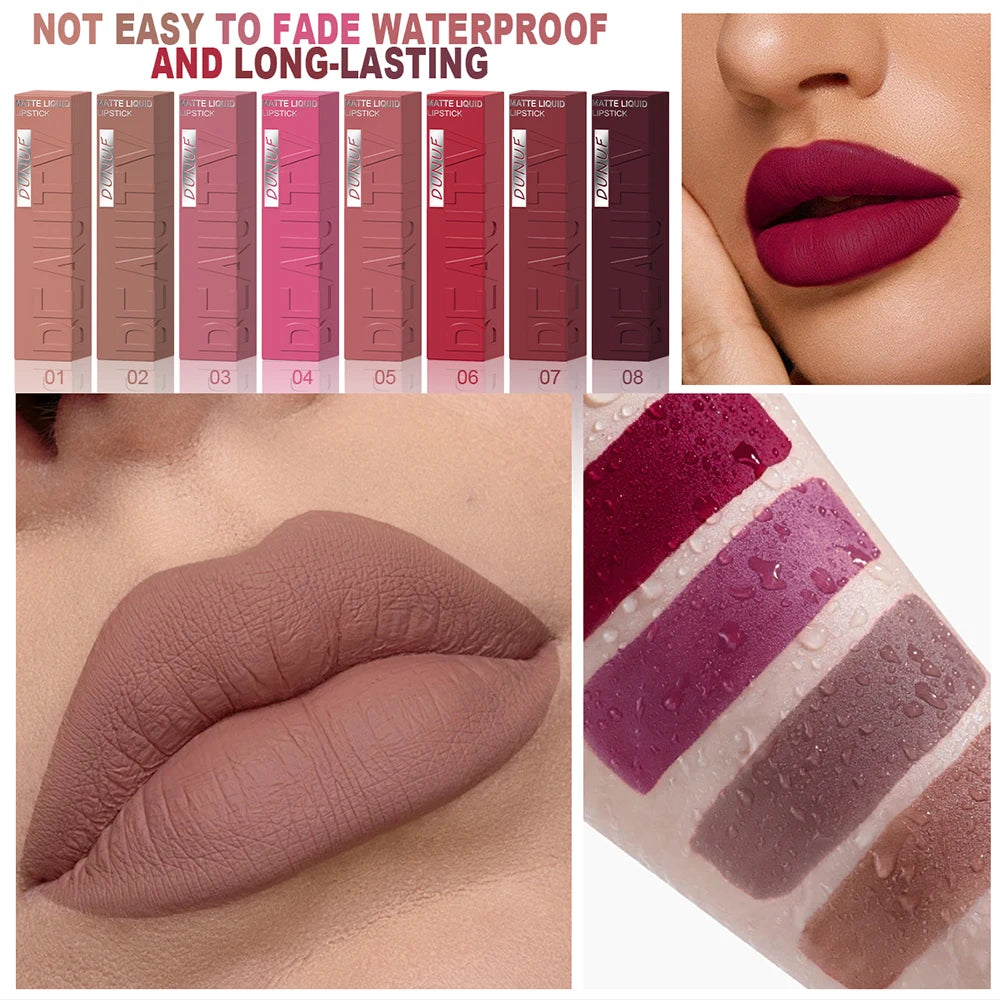 8-Color Matte Velvet Lip Gloss – Waterproof Plumping Lipstick, Smooth Easy-Apply Square Tube