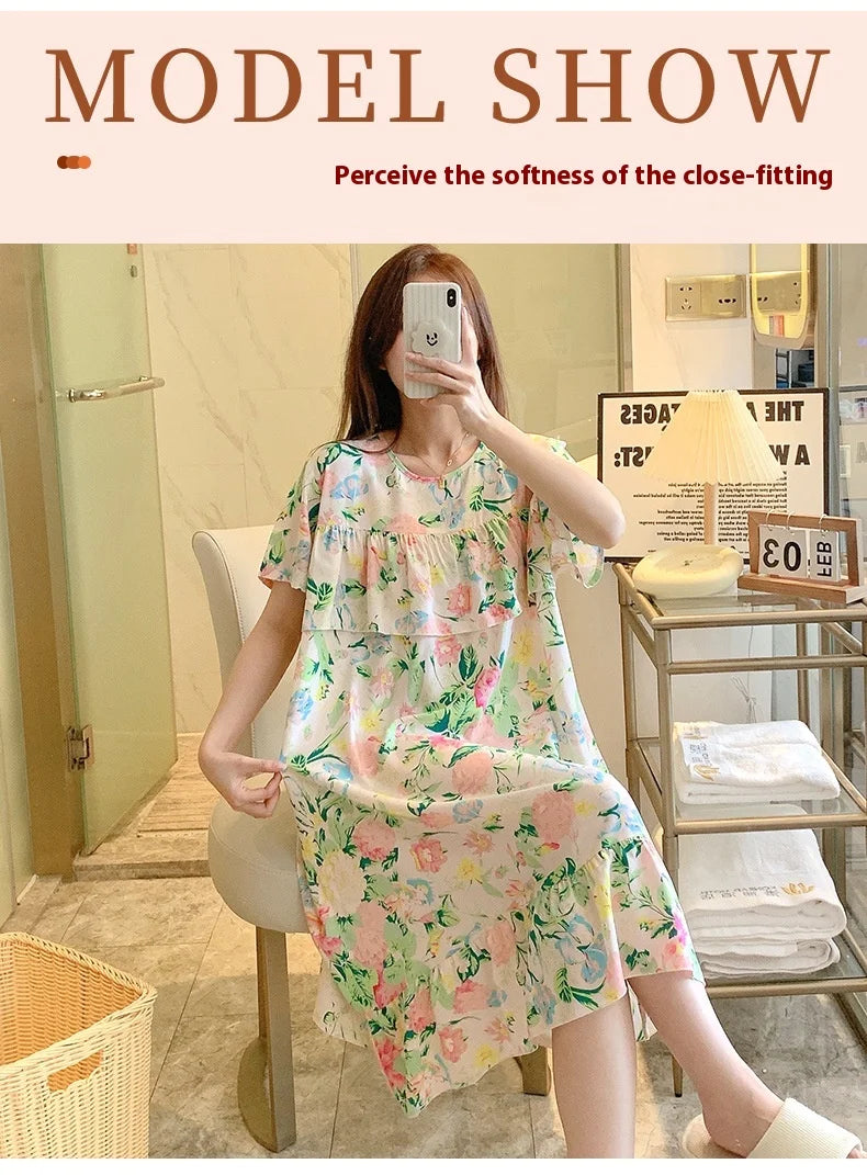 Sexy Nightwear Women Icy Floral Pattern Women Pajamas Dress Butterfly Print Student Sleepwear O- Neck Lace Mid-Length Nightgown