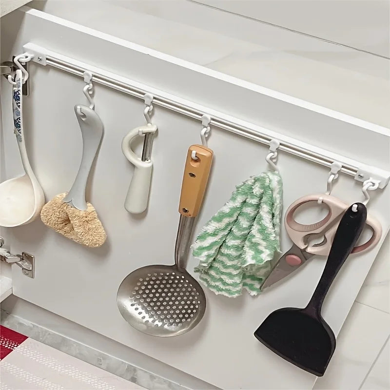 Kitchen Utensil Rail with Sliding Hooks for Cupboard Storage