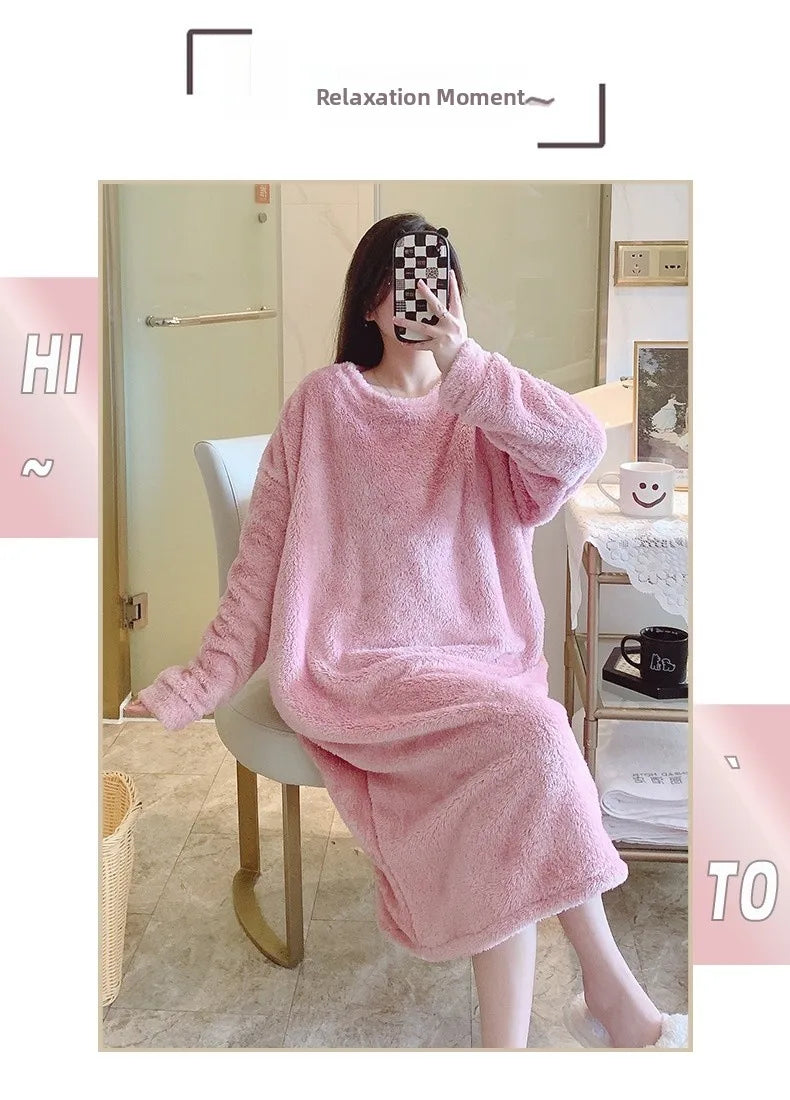 Warm Fleece Nightgown Women's Loose Comfortable Home Clothes plus Size Solid Color Simple Design Sleepwear Casual Outerwear