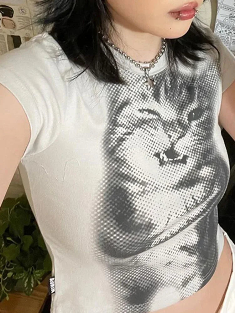 Cat Print Crop Top – Y2K Harajuku Women's Graphic Tee