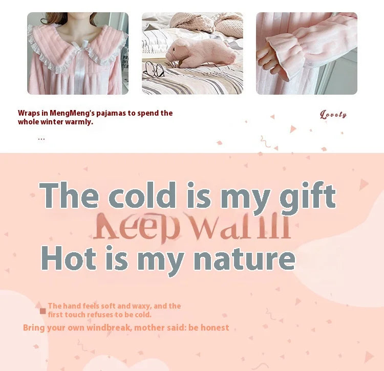 Womens Nightwear Nightdress Flannel Thickened Solid Colour Nightgown Doll Collar Student Warm Coral Velvet Ruffle Dress Robes Se