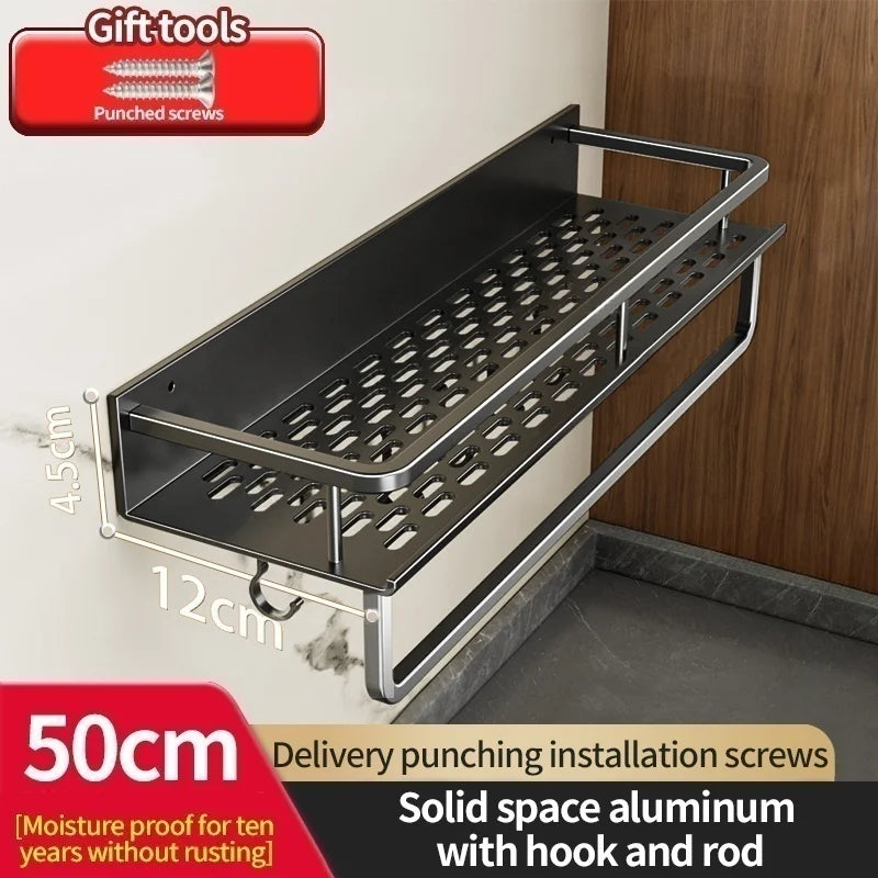 Aluminum Kitchen Shelf Wall Mounted Spice Organizer Rust and Moisture Resistant Bathroom Toiletries Storage Racks 12 black 50cm pole