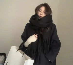 Women's Cashmere Winter Scarf – Thick Knitted Warm Shawl Small version mohair Black]]