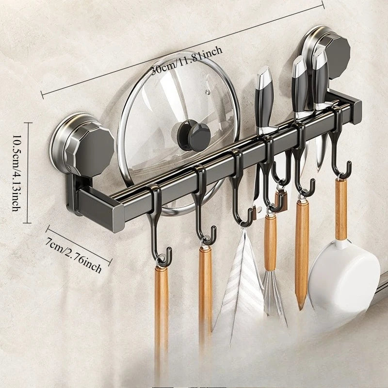 Aluminum Kitchen Organizer Hook Wall Mounted Double Pole Spatula Storage Rack 50/60/40/30cm Non Punching Pot Lid Rack Grey 30cm 6 hooks