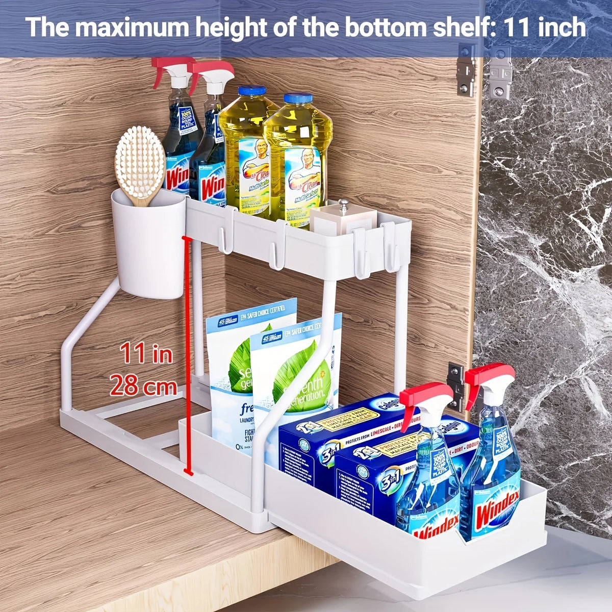 Space Saving 2 Tier Under Sink Organizer,Pull Out Storage Box Durable Large Capacity Kitchen Bathroom Essential Drawer Organizer White B