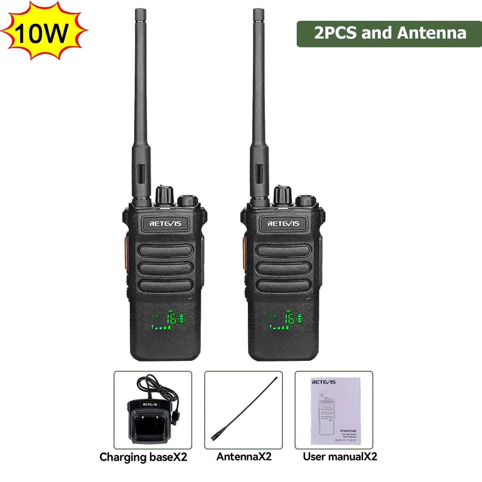 Retevis RT86 10W Walkie Talkie Professional Two Way Radio Long Range Walkie Talkie UHF Communication radio for Outdoor Business 2PCS and Antenna