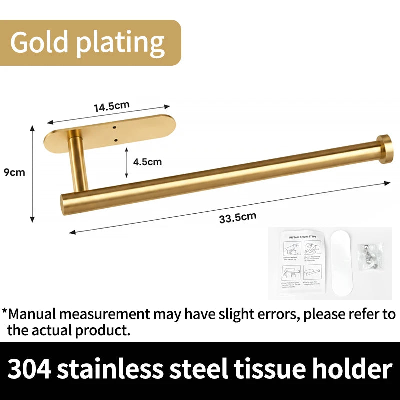 Kitchen Bathroom Storage 304 Stainless Steel Tissue Holder Waterproof No-Drill Strong Adhesive Paper Towel Rack For Cabinet Golden