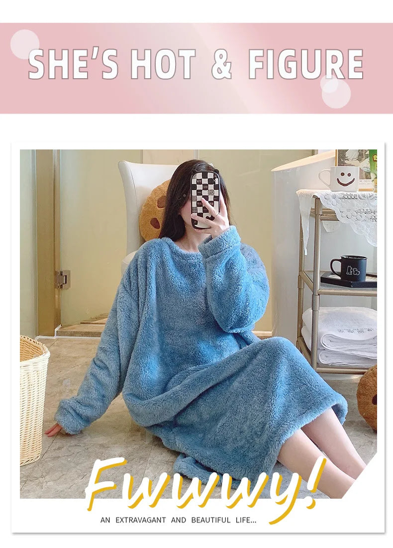 Warm Fleece Nightgown Women's Loose Comfortable Home Clothes plus Size Solid Color Simple Design Sleepwear Casual Outerwear