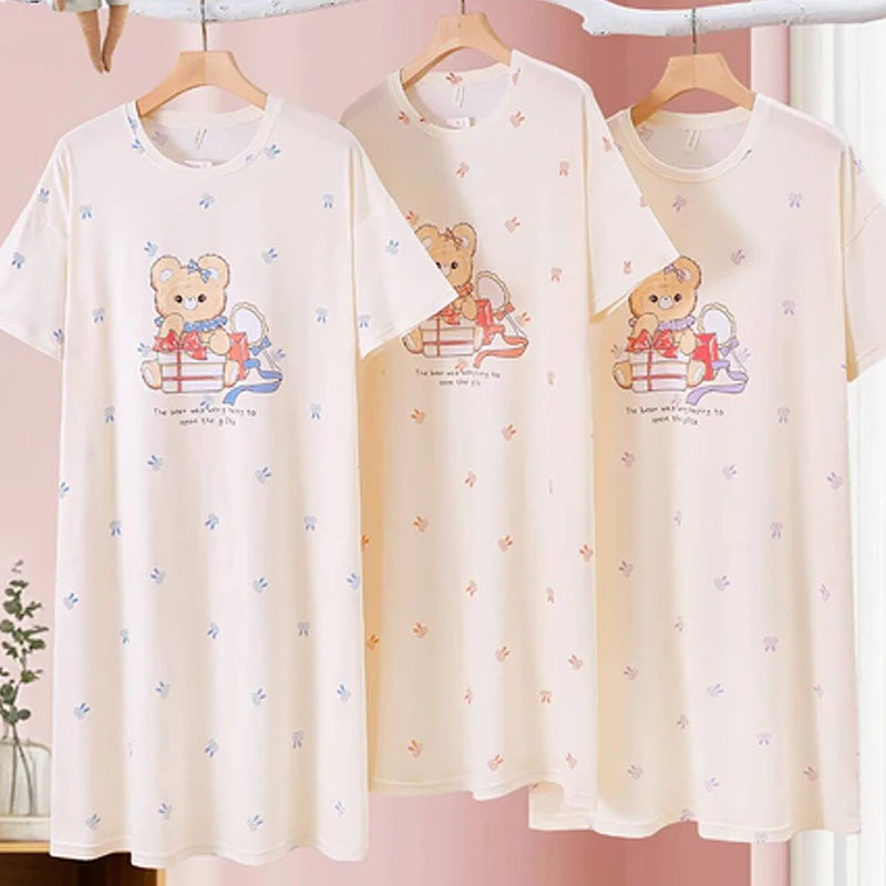 Cotton Fabric Pajamas Dress Women Comfortable Nightdress Loose Cute Long Skirt Cartoon Thin Student Sweet Cartoon Bear Sleepwear Onesize