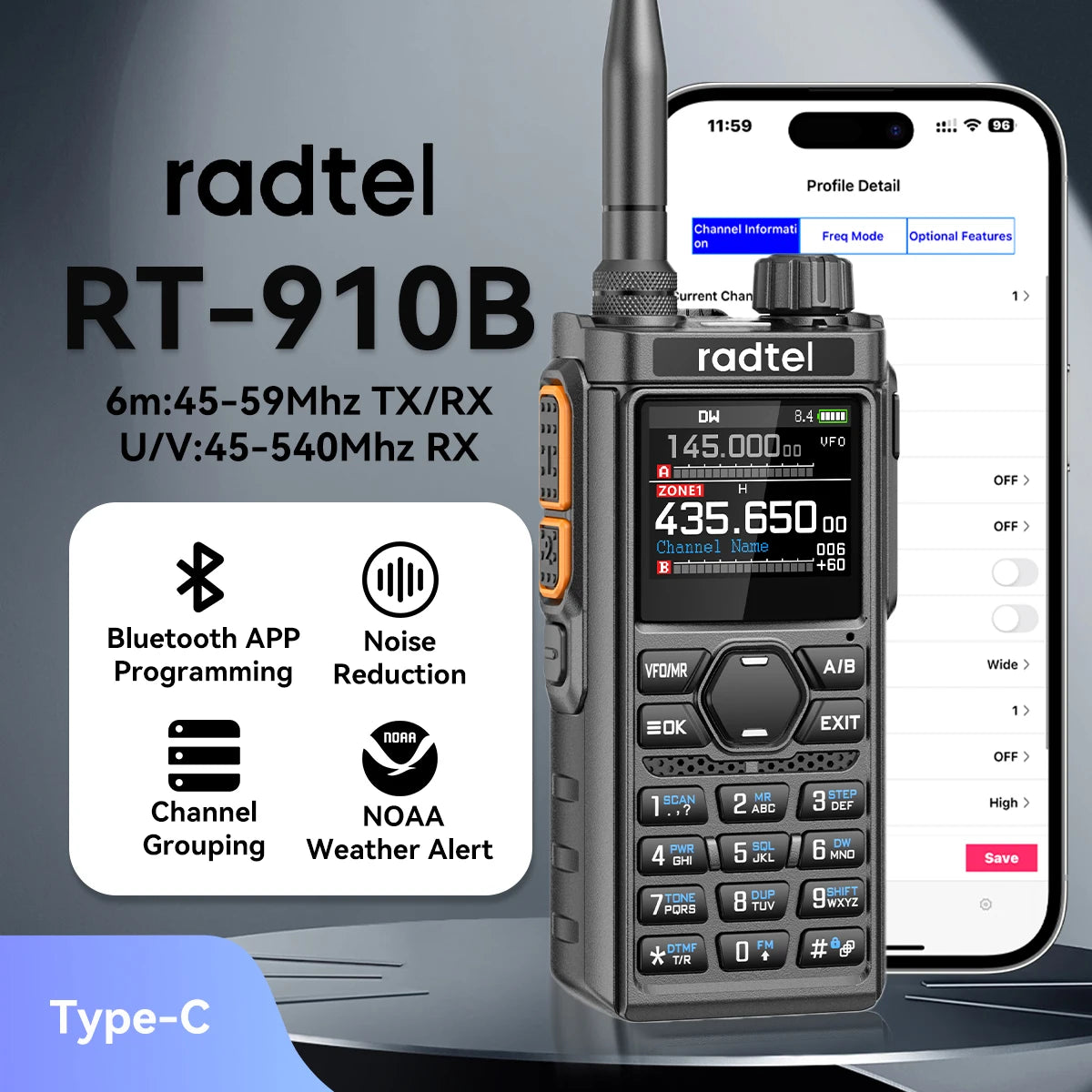 Radtel RT-910B Bluetooth App Programing and Noise Reduction Ham Radio 45-59Mhz TX RX Walkie Talkie Air Band NOAA Police Marine