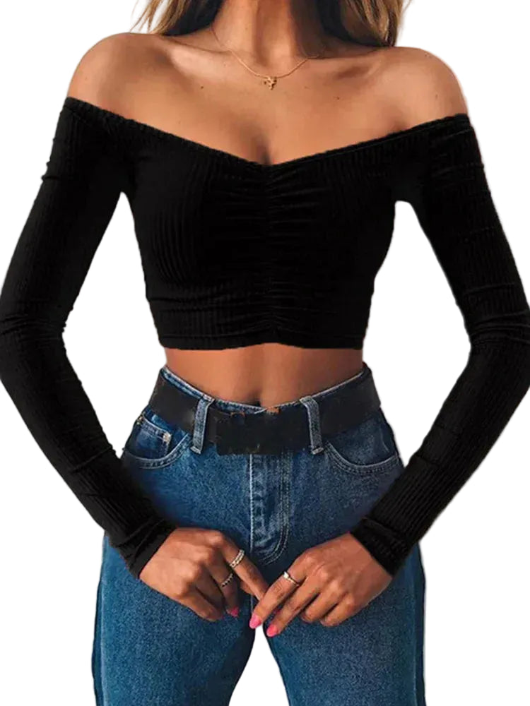 Off Shoulder Long Sleeve Top Women – Sexy Club Tee Black