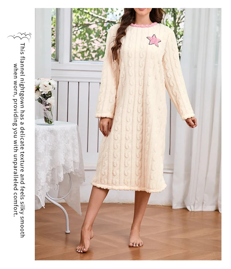 Women's Nightdress Winter Warm Nightgown Thicken Flannel Long Sleeved T-shirt Tops Soft Coral Fleece Pyjama Dress Home Clothing