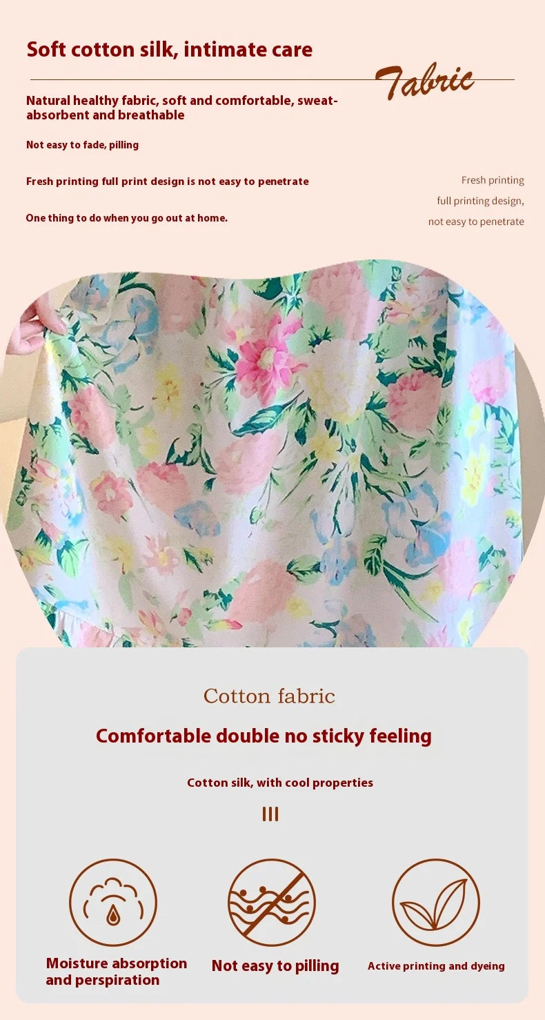 Sexy Nightwear Women Icy Floral Pattern Women Pajamas Dress Butterfly Print Student Sleepwear O- Neck Lace Mid-Length Nightgown