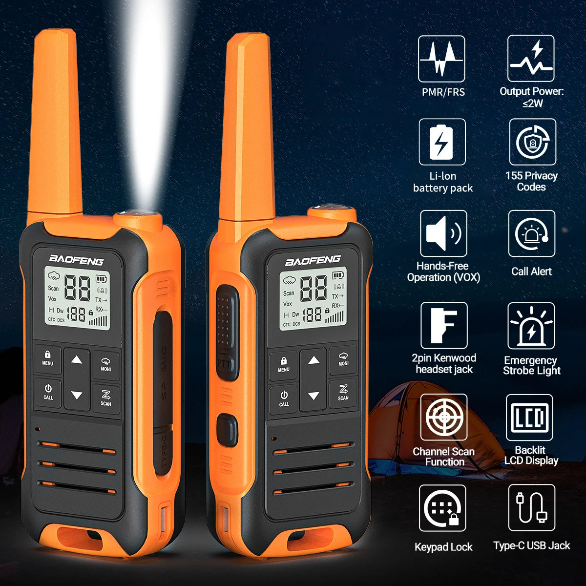 2pcs Baofeng F22 Mini Walkie Talkies - Long Range, Waterproof, Rechargeable, Kids Two-Way Radio with Type-C Charging for Camping & Outdoor Adventures - Dicrodelights