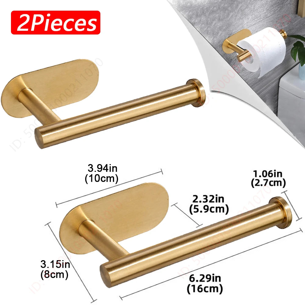 Stainless Steel Adhesive Toilet Roll Holder in Two Designs 2Pcs Golden Holder A