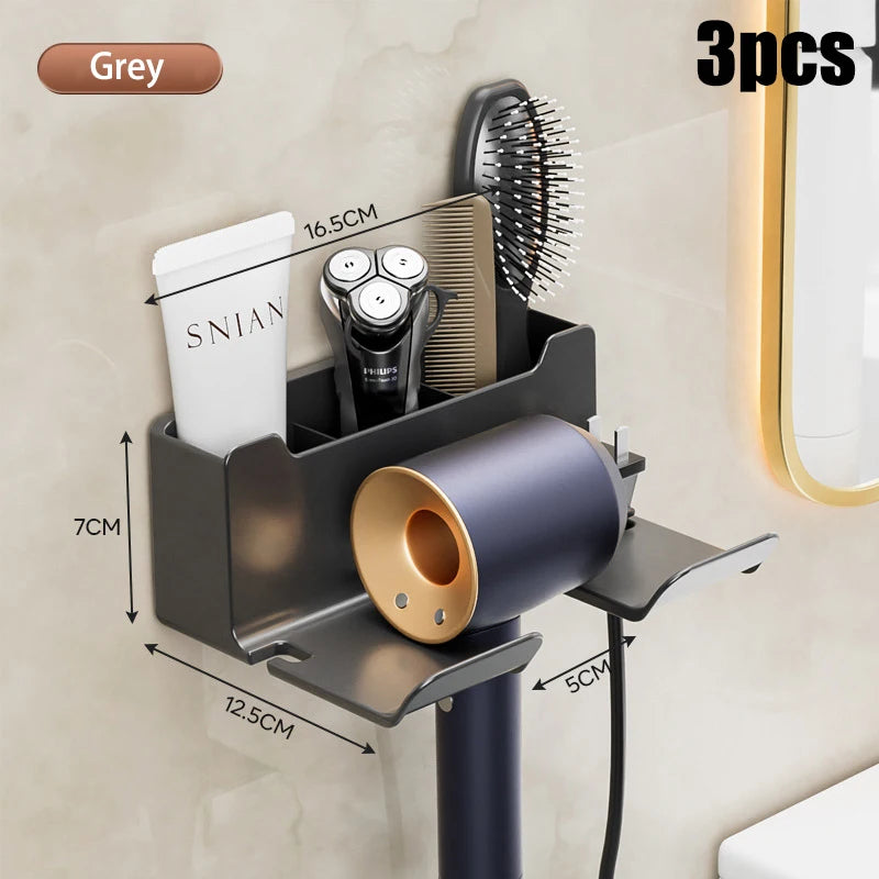 Wall Mounted Non Perforated Hair Dryer Storage Rack Bathroom Hair Dryer Storage and Placement Rack Multi Functional Storage Rack B-Gray-3pcs