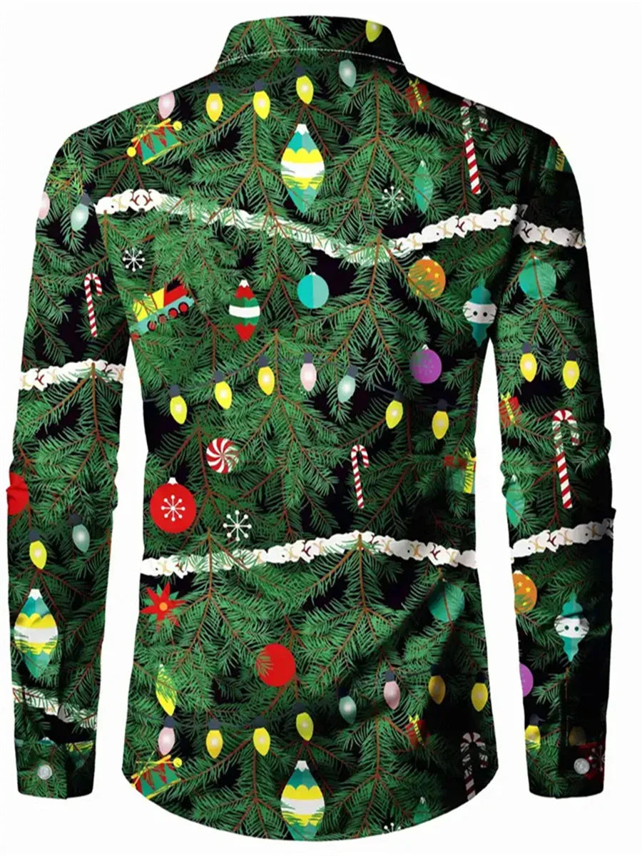 Men’s Christmas muscle suit shirt with 3D Christmas tree print, festive long sleeve holiday shirt for men