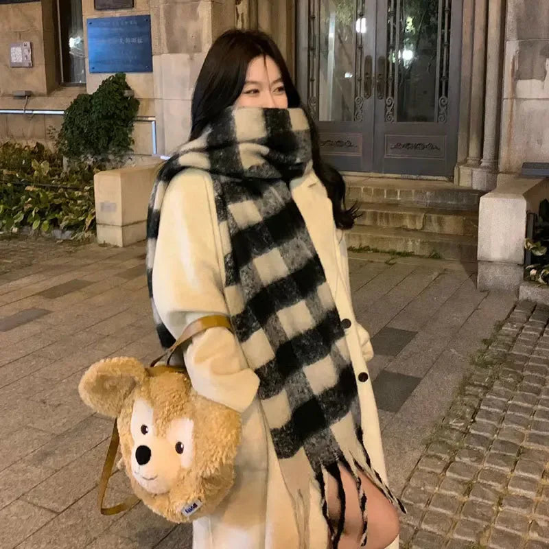 Women's Cashmere Winter Scarf – Thick Knitted Warm Shawl Small Plaid [black and white]]