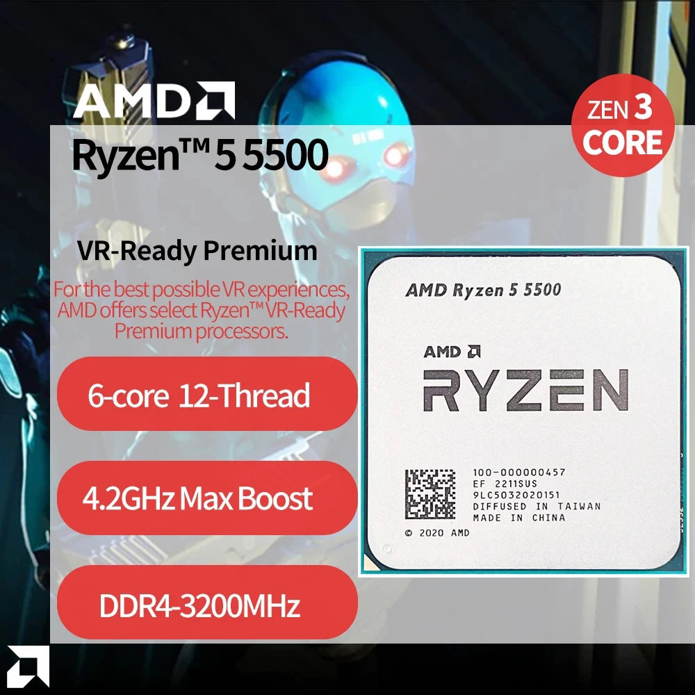 AMD Ryzen 5 5500 R5 5500 3.6GHz 6-Core 12-Thread CPU Processor 7NM L3=16M 100-000000457 Socket AM4 No Fan Default Title