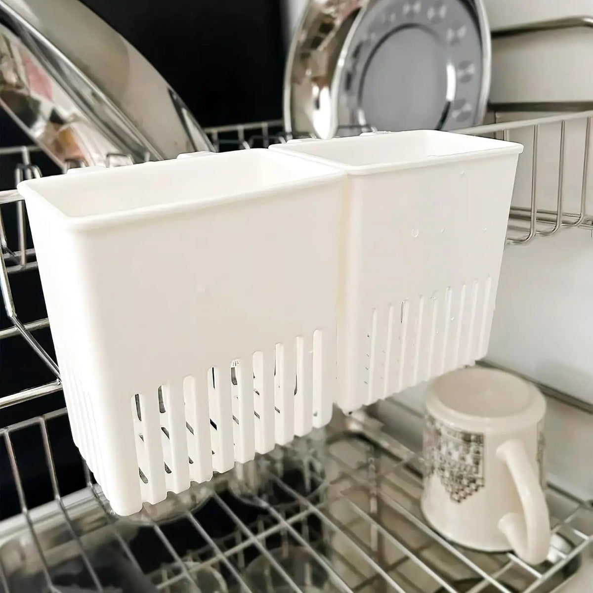 Cutlery Drain Basket with Cup Holder Kitchen Storage Rack for Forks Spoons Chopsticks Quick Dry Countertop Organizer Simple Rack