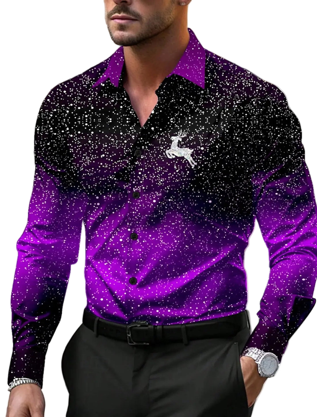 Men’s Christmas shirt with Christmas trees and snowflake gradient print, long sleeve festive button-up for holiday fashion