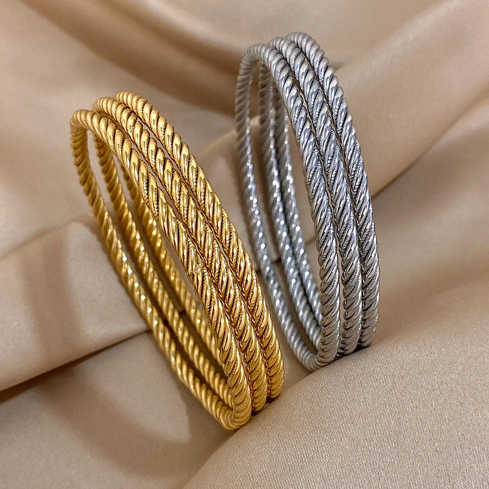 3pcs 18K Gold Plated Stainless Steel Bangle Bracelet for Women Trendy Chic Twisted Stacked Wrist Bracelets Waterproof Jewelry