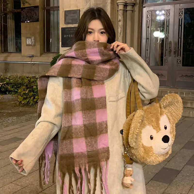 Women's Cashmere Winter Scarf – Thick Knitted Warm Shawl Small Plaid [pink]]