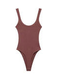 Women's Skinny Ribbed O-Neck Bodysuits with Straps Snap-Button Sexy Fashion Playsuits Comfortable Stretchy Female Clothing brick-red
