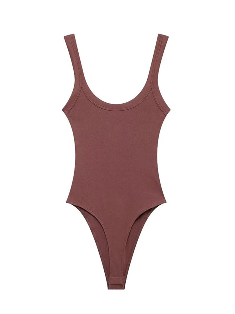 Women's Skinny Ribbed O-Neck Bodysuits with Straps Snap-Button Sexy Fashion Playsuits Comfortable Stretchy Female Clothing brick-red
