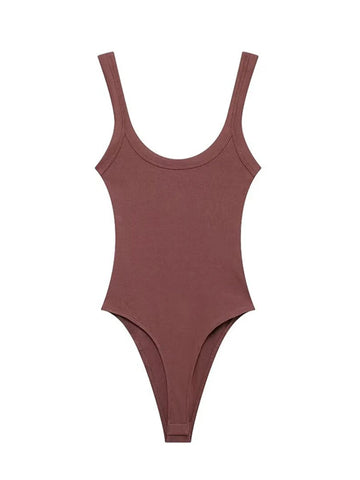 Women's Skinny Ribbed O-Neck Bodysuits with Straps Snap-Button Sexy Fashion Playsuits Comfortable Stretchy Female Clothing brick-red