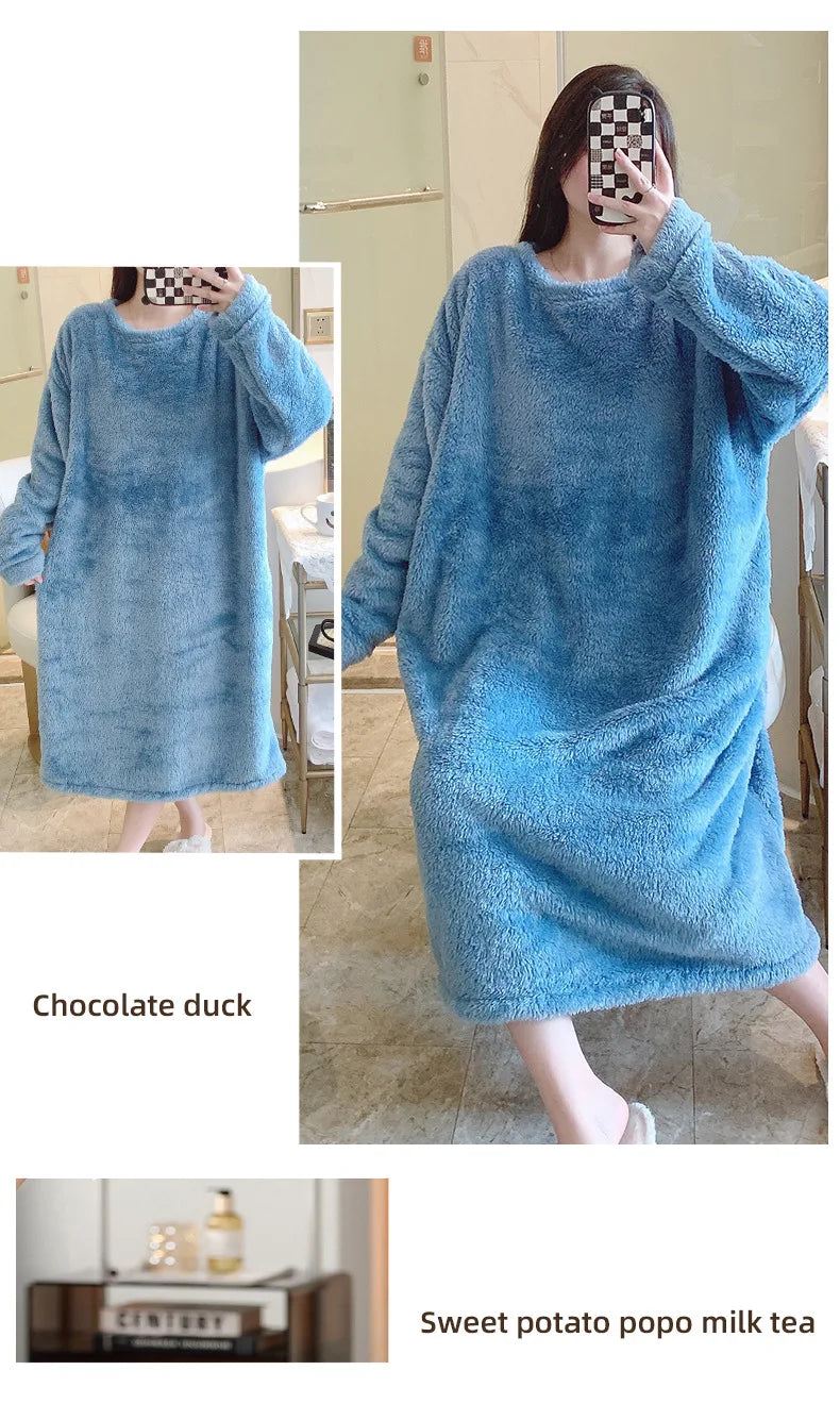 Warm Fleece Nightgown Women's Loose Comfortable Home Clothes plus Size Solid Color Simple Design Sleepwear Casual Outerwear