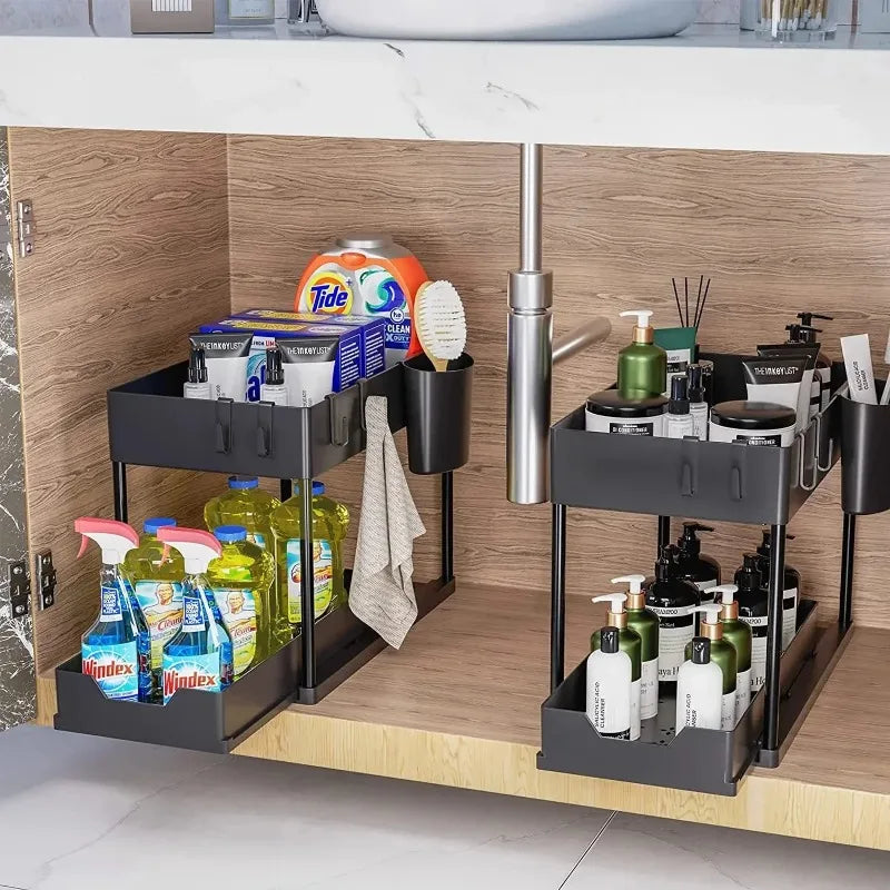 2-Tier Sliding Under Sink Organizer Pull Out Cabinet Storage Basket with Hooks Hanging Cup Kitchen Bathroom Space Saving Rack