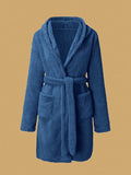 1 piece of women's solid color hooded robe with belt, cozy and warm fleece pajamas for home wear in autumn and winter.